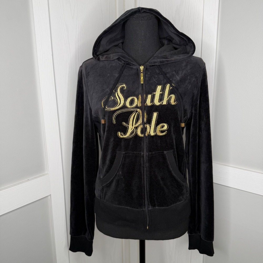 South Pole Y2K Women Velour Hoodie L Black Gold Embroidered Zip Up Sweatshirt